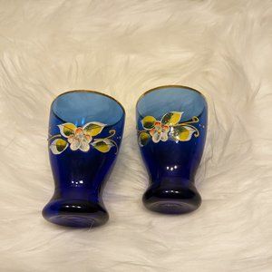 Vintage Venetian Style Hand Painted Shot Glasses Cobalt Blue Set of 5